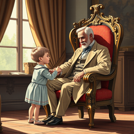 A vintage illustration of a man seated in an ornate chair, interacting with a child standing next to him, natural lighting, depth of field at f/2.8, 50mm lens, high-resolution DSLR camera.