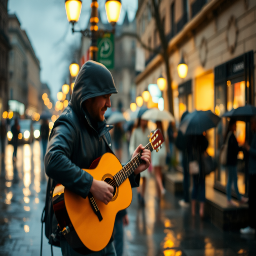 Blurry candid shot of a street performer playing a guitar on a rainy evening, soft golden light from nearby streetlamps reflecting off the wet pavement, with distant passersby huddled under umbrellas.