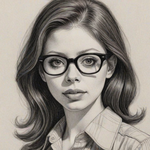 Ravishing Michelle Trachtenberg, pencil sketch, portrait of Captivating woman 1968s in glasses, hair style beatnik, outline, clear lines, fine lines, 8k