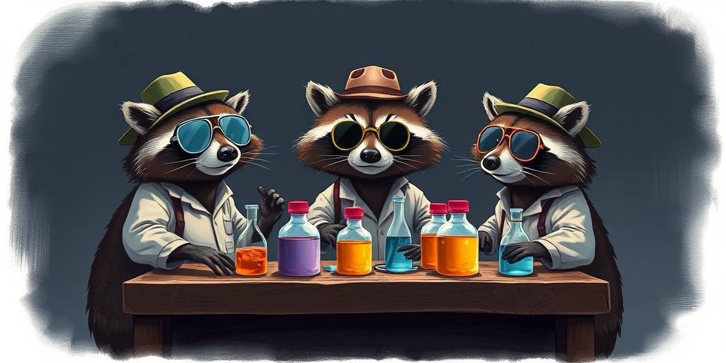 Create an illustration of three raccoons wearing hats and sunglasses, standing around a table filled with lab equipment, with a dark background, shot with a DSLR camera, aperture f/2.8, shutter speed 1/200s, ISO 100, in a high contrast style to enhance details.