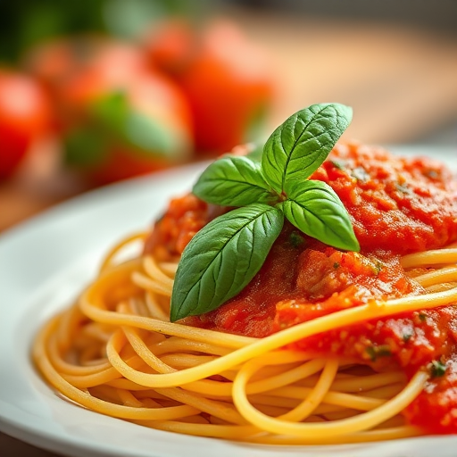 Capture a close-up of a plate of spaghetti with rich tomato sauce and fresh basil, natural light, f/2.8 aperture, 50mm lens, ISO 100, soft focus background, shallow depth of field, DSLR camera.