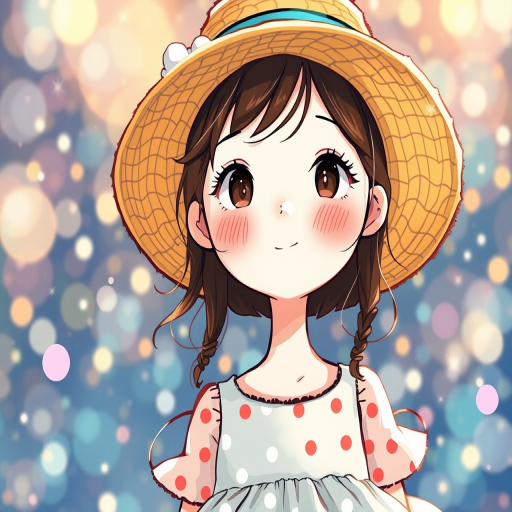 A whimsical illustration of a girl in a polka dot dress and straw hat with magical sparkles in the background, shot with a DSLR camera at f/2.8, ISO 100, 50mm lens, high contrast, and vibrant colors for enhanced visual appeal.