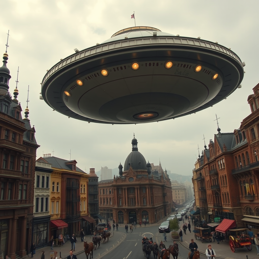 fantastical steampunk cityscape with an enormous flying saucer above Victorian architecture, bustling streets with horses and carriages, soft overcast lighting, 50mm lens, f/4 aperture, ISO 100, HDR processing, shot with a full-frame DSLR