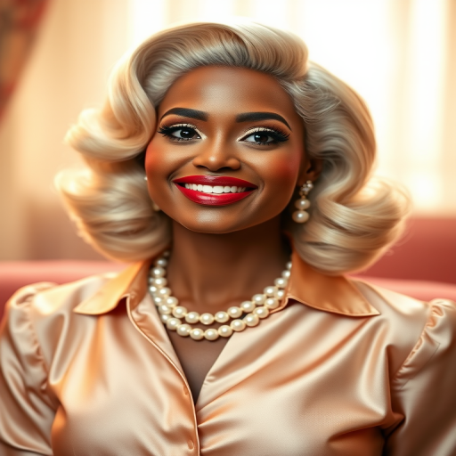 A beautiful Creole woman reminiscent of 1950s Hollywood glamour, with perfectly styled blonde hair and a seductive smile, dressed in a satin blouse and adorned with pearls, soft and warm tones, photorealistic, 8K