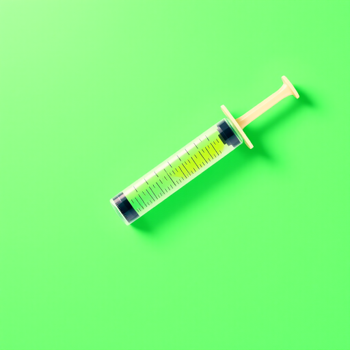 Create a vibrant flat design illustration of a syringe on a bright green background, with a focus on clarity and detail, using a 50mm lens, aperture f/2.8, ISO 100, shot from a slightly above angle, in a digital style with high resolution.