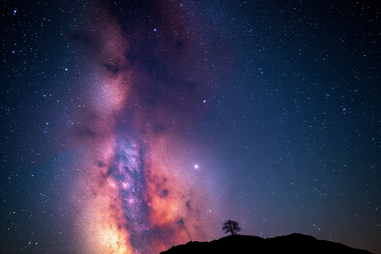 high-resolution image of a stunning galaxy scene with vibrant colors and stars, captured using a DSLR camera with a 24mm wide-angle lens, aperture f/2.8, ISO 1600, exposure time 30 seconds, shot from a mountaintop location to minimize light pollution, in a deep space astrophotography style