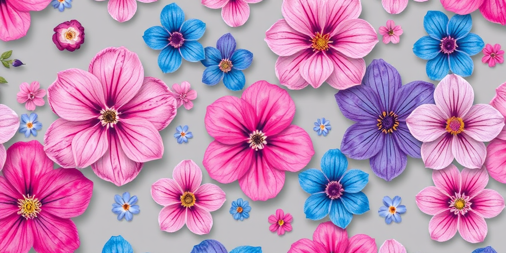 Regenerate an image of a floral pattern featuring colorful pink and blue flowers with a gray background, captured with a DSLR camera at f/8 aperture, 50mm lens, ISO 100, using a macro style for enhanced detail and sharpness.