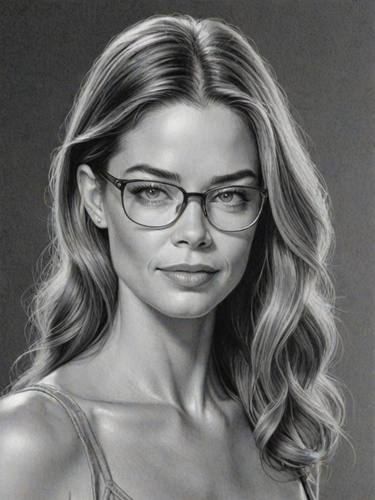 Fascinating Denise Richards, pencil sketch, portrait of Captivating woman 1926s in glasses, hair style beatnik, outline, clear lines, fine lines, 8k