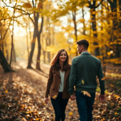 Blurry, candid photo of a young couple walking through an autumn forest, leaves falling around them, soft sunlight filtering through the trees, distant birds chirping, and the crunch of leaves underfoot.