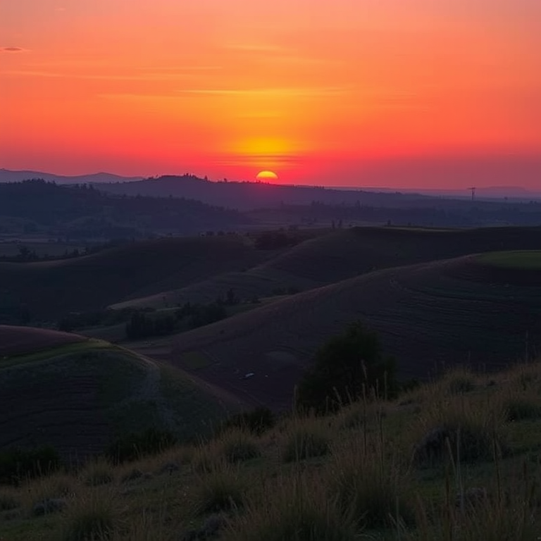 Generate a high-resolution image of a serene landscape during sunset, captured with a Canon EOS R5, aperture f/8, ISO 100, shutter speed 1/125s, in a wide-angle view, using a vibrant color palette and smooth gradients to enhance the quality and details of the scene.