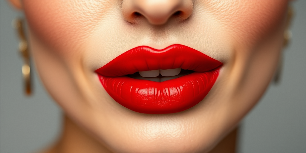 Elegant woman lips showcasing a classic red satin lipstick, timeless and sophisticated, full and symmetrical, embodying confidence and glamour