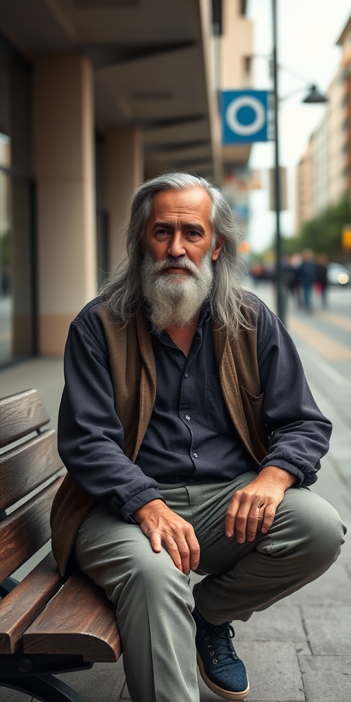 Generate a high-resolution portrait of an older man with long gray hair and a beard, sitting on a wooden bench in an urban environment, using a Canon EOS R5, 50mm lens, f/1.8 aperture, ISO 100, 1/200 sec, natural lighting, shallow depth of field to emphasize the subject while softly blurring the background.