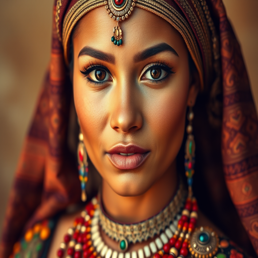 Create a portrait of a beautiful Tongan woman with striking black eyes and a gentle expression. She is adorned in traditional attire with intricate patterns, including a richly embroidered headscarf and matching garments. Her jewelry includes a delicate headpiece, dangling earrings, and ornate bracelets, all featuring vibrant gemstones and detailed metalwork. The background is soft and warm, enhancing the rich colors of her outfit and jewelry.