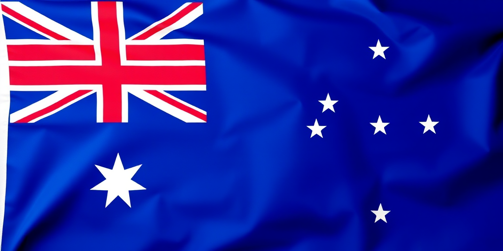 Design a vibrant Australia flag with a rich blue background, featuring a bright Union Jack in the top left corner, and a large white star with smaller white stars arranged beneath it, captured with a DSLR camera at f/8, ISO 100, and a 50mm lens in daylight for sharp details and vivid colors.