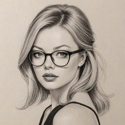 Captivating Francesca Eastwood, pencil sketch, portrait of Graceful woman 1965s in glasses, hair style beatnik, outline, clear lines, fine lines, 8k