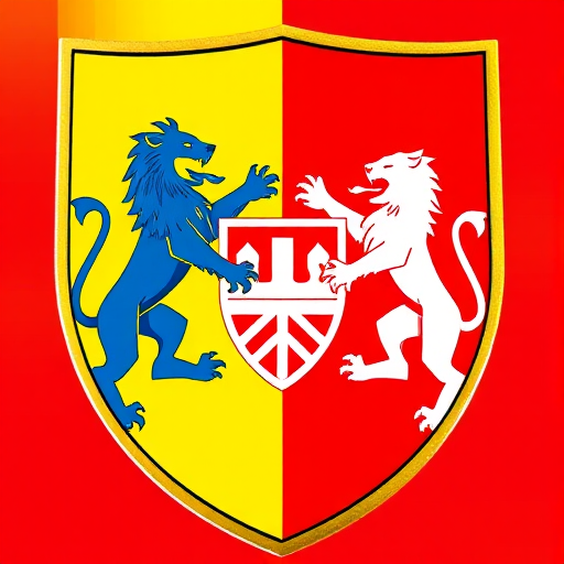 Create a high-resolution image of a shield with two blue lions on a yellow background and a white emblem on a red background, shot with a Canon EOS R5 at f/8, ISO 100, 1/200 sec, in a centered view, using a macro lens for clarity and detail enhancement.