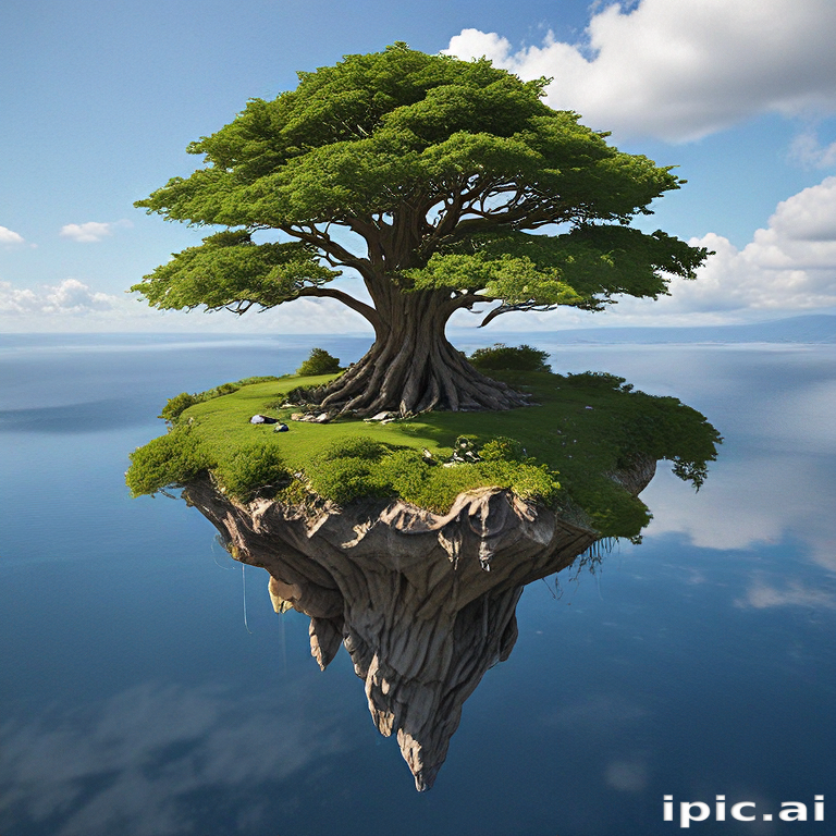 Majestic Floating Island with a Lush Tree Above Serene Waters