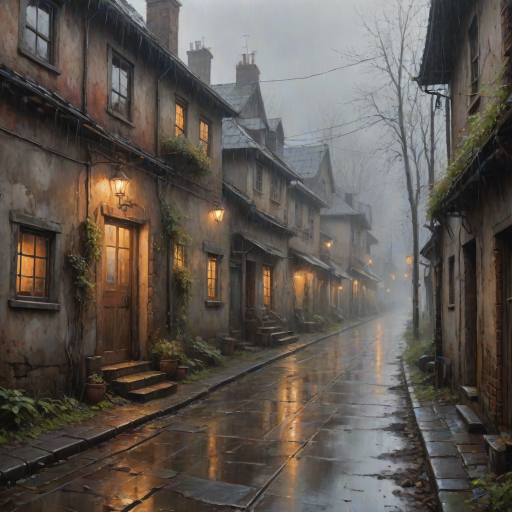 rainy day house painting, fine art painting, fantasy art, 4K, 3D, HDRi, detailed oil painting, high definition art, expressive rustic oil painting, foggy alley, soft focus