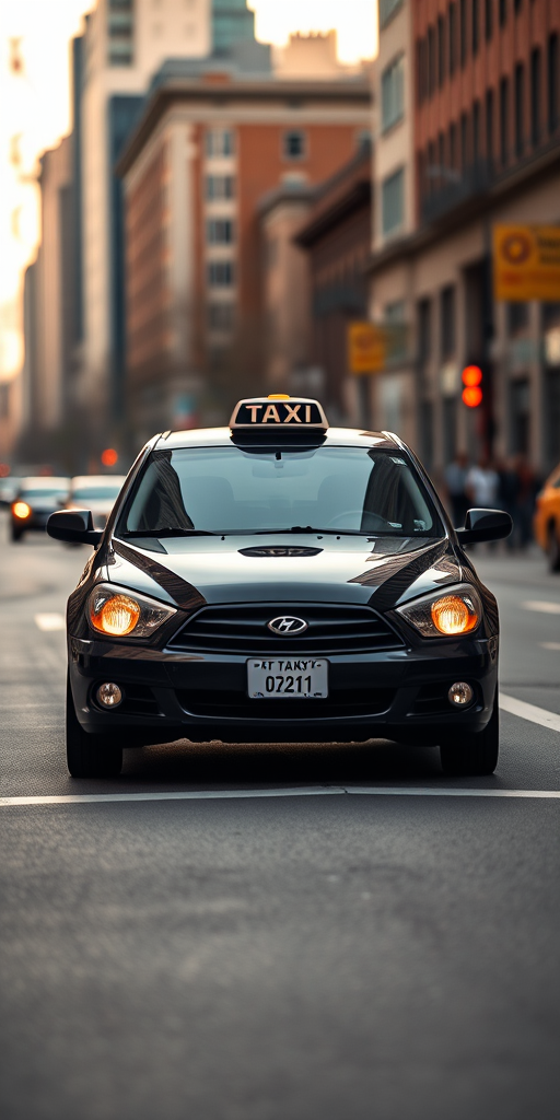 Create a high-resolution image of a front view of a black taxi cab on a city street, using a DSLR camera with a 50mm lens, aperture set to f/1.8, ISO 100, and a shutter speed of 1/200s.