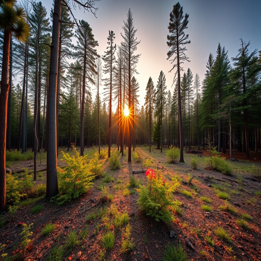 Create a high-resolution image of a serene forest landscape during sunrise, using a Canon EOS R5 camera with a 24-70mm f/2.8 lens, ISO 100, aperture f/8, shutter speed 1/60s, wide-angle view, and natural lighting to enhance the vibrant colors and details.