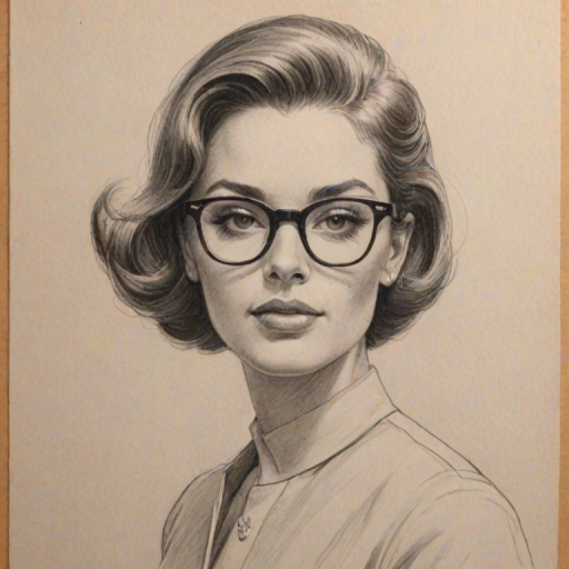 Splendid Eli Goree, pencil sketch, portrait of Elegant woman 1959s in glasses, hair style beatnik, outline, clear lines, fine lines, 8k