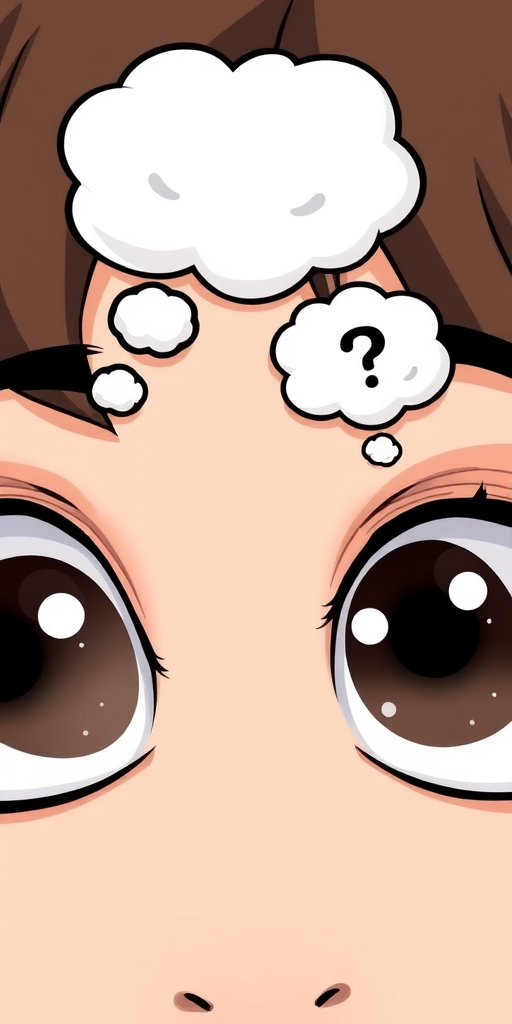 Illustration of two cartoon-style eyes with thought bubbles above them, high-resolution, close-up view, soft focus, natural lighting, DSLR camera, aperture f/2.8, ISO 100, shutter speed 1/200s.