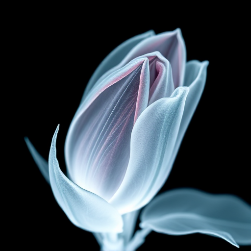 high-resolution x-ray image of a flower bud with leaves against a black background, focus mode: macro, aperture: f/2.8, shutter speed: 1/250s, ISO: 100, camera type: DSLR, lens: 100mm macro lens, lighting: soft diffused light