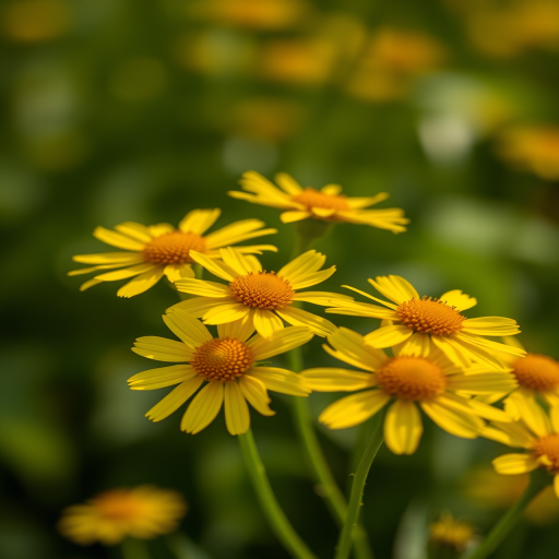 A close-up shot of vibrant yellow flowers with a blurred green background, captured using a DSLR camera at f/2.8 aperture, 1/200s shutter speed, ISO 100, and natural lighting to enhance detail and color richness.