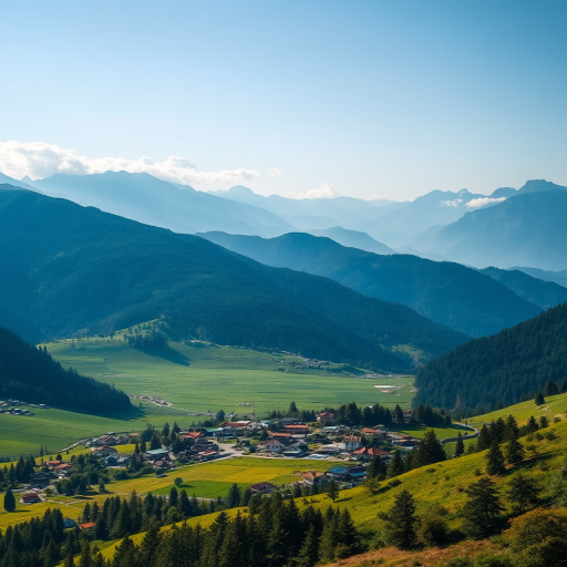 Landscape of mountains with a village in the foreground surrounded by green fields, natural lighting, captured with a DSLR camera at 24mm focal length, f/8 aperture, ISO 200, vibrant colors and high dynamic range.