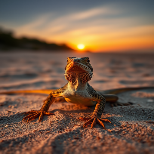 high-resolution image of a lizard on a sandy beach during golden hour, shot with a Canon EOS 5D Mark IV at f/2.8, 1/500 sec, ISO 200, using a macro lens from a low angle to enhance details and background blur