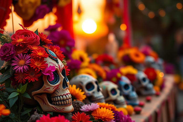 Capture a vibrant Day of the Dead altar scene with colorful marigolds and decorative skulls at sunset using a Canon EOS R5, 50mm lens, f/1.8 aperture, ISO 100, 1/200 sec exposure, shallow depth of field, warm color palette, and soft bokeh effect in the background.