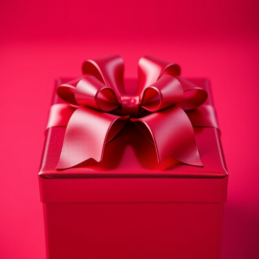 a shiny red gift box with a glossy ribbon bow on top, front view, high resolution, 50mm lens, f/2.8 aperture, ISO 100, natural lighting