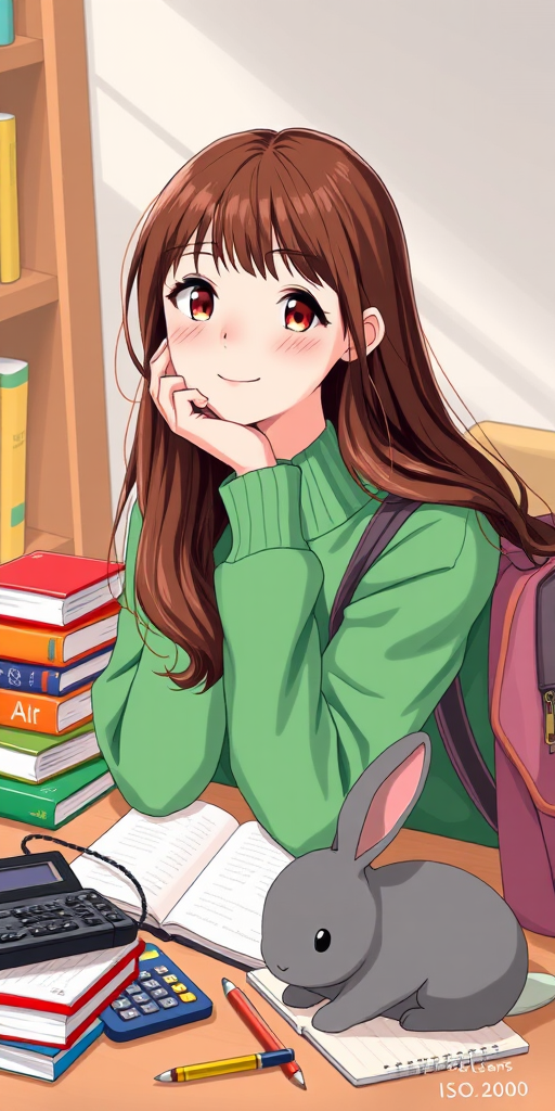 Illustrate a young woman with long brown hair, wearing a green sweater, resting her chin on her hand with a cheerful expression, surrounded by colorful books, a backpack, a notebook, stationery, a calculator, and a cute gray rabbit, using a DSLR camera with a 50mm lens, f/1.8 aperture, ISO 200, and soft natural lighting for a warm, inviting atmosphere.
