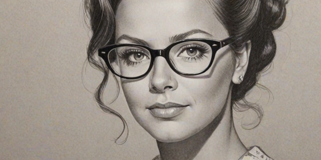 Fetching Sara Evans, pencil sketch, portrait of Exquisite woman 1950s in glasses, hair style beatnik, outline, clear lines, fine lines, 8k