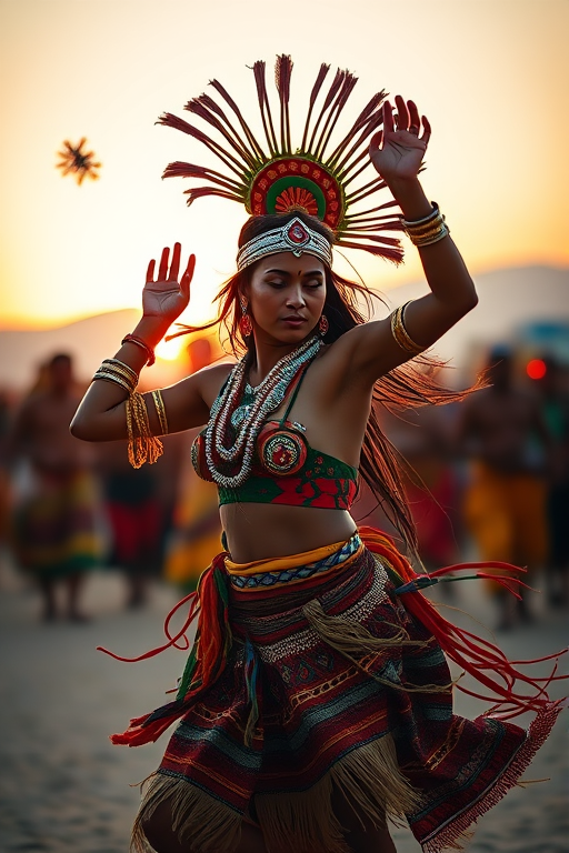 Photograph a dynamic tribal dancer in traditional attire, captured with a Canon EOS R5, 85mm lens, f/1.8 aperture, ISO 100, at sunset with a shallow depth of field to emphasize movement and detail while creating a warm, soft background.