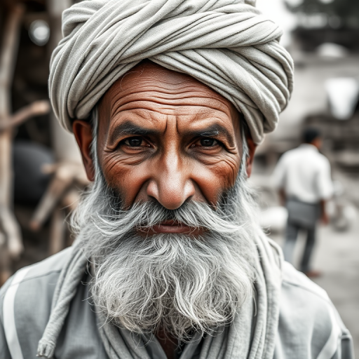 portrait of an elderly man with a beard wearing a traditional turban in a rural setting, captured at f/2.8, ISO 100, 1/200s, 85mm lens in natural light, shallow depth of field, showing intricate textures of skin and fabric, monochrome style