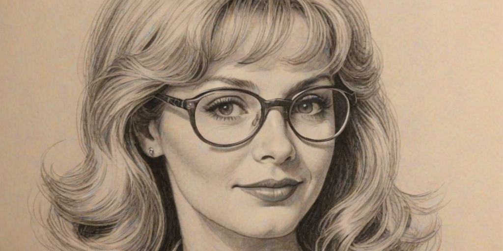 Bewitching Cindy Morgan, pencil sketch, portrait of Charming woman 1951s in glasses, hair style beatnik, outline, clear lines, fine lines, 8k
