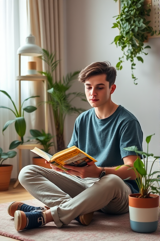Generate a cozy indoor scene of a young man sitting on a floor reading a book, surrounded by potted plants and a desk lamp, with soft pastel colors in the background, taken with a Canon EOS R5, 50mm lens, f/1.8 aperture, ISO 200, shallow depth of field for enhanced focus on the subject.