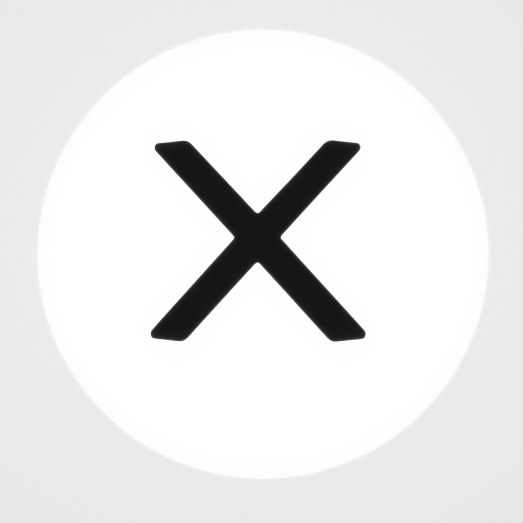 Create a high-resolution image of a large black 'X' symbol inside a white circular background, using a DSLR camera with a 50mm lens, aperture set to f/2.8, ISO 100, and a shallow depth of field to highlight the subject against a soft background blur.