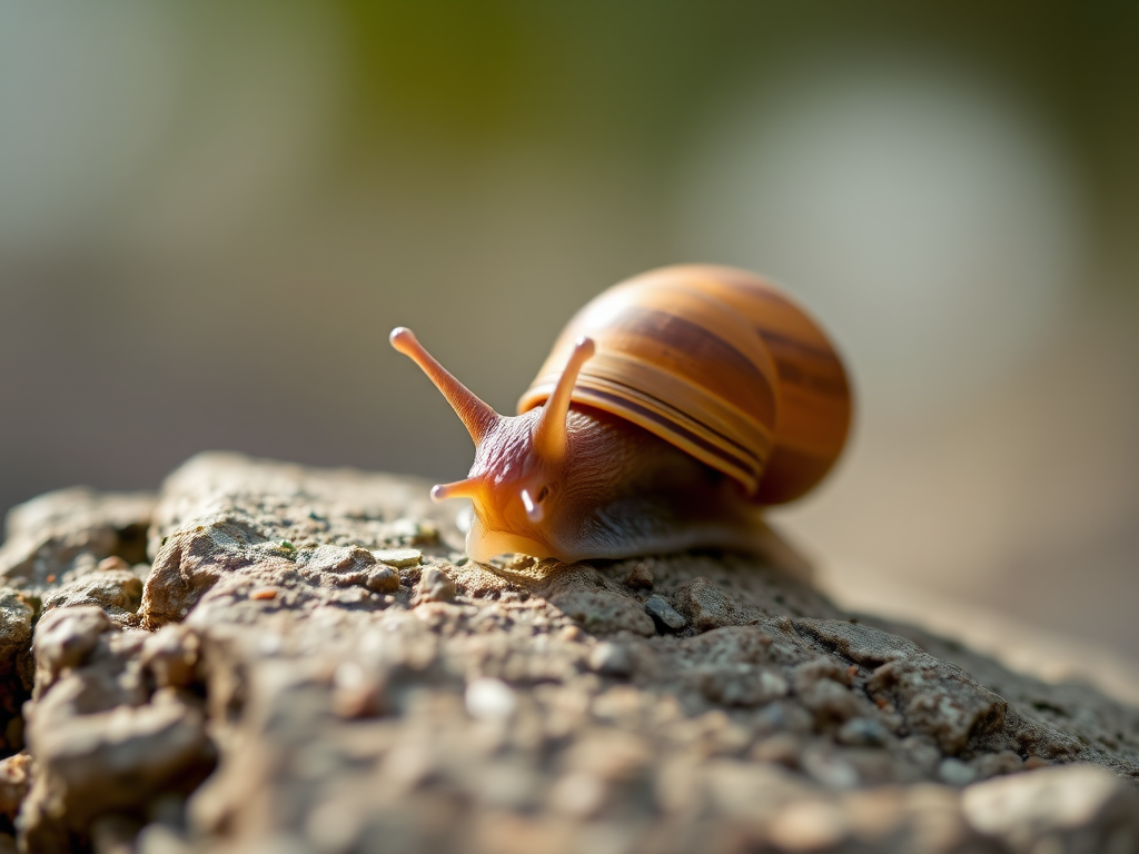 Close-up shot of a snail on a rock with a soft-focus background, using a macro lens at f/2.8, ISO 100, shutter speed 1/200s, natural light, DSLR camera.