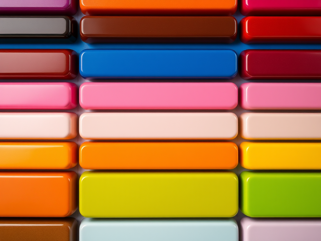 Create a high-resolution image of various glossy horizontal buttons in multiple colors arranged in a grid pattern, using a Canon EOS R5 with an aperture of f/8, ISO 100, and a focal length of 50mm, shot from a top-down view with soft diffused lighting to enhance reflections and color vibrancy.