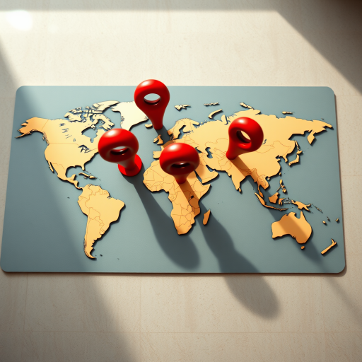 Create a high-resolution image of a stylized world map on a flat surface with three prominent location markers in red and white, using a DSLR camera with a 50mm lens, aperture f/1.8, ISO 100, shooting from a top-down view with soft natural lighting.