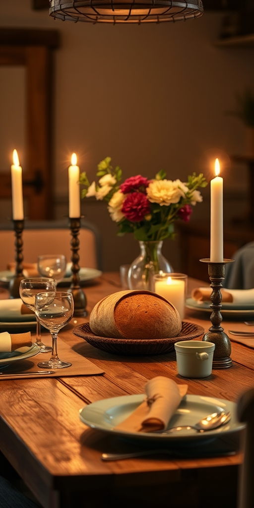 Warmly lit photo of a rustic farmhouse table set for dinner, with soft candlelight illuminating the tableware, a loaf of freshly baked bread, and flowers in a vase.