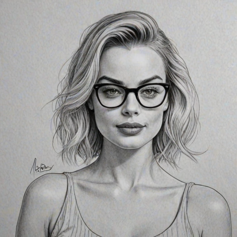 Radiant Margot Robbie, pencil sketch, portrait of Bewitching woman 1951s in glasses, hair style beatnik, outline, clear lines, fine lines, 8k