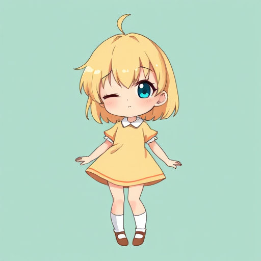 Create an illustration of a cute anime-style character with blonde hair and one eye winking, wearing a light yellow dress and white socks, set against a soft teal background, using a DSLR camera at f/2.8, ISO 100, 50mm lens, in a soft focus style to enhance the overall image quality.