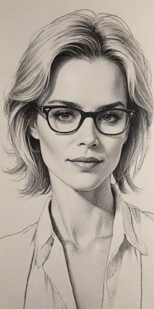 Enticing Leslie Bibb, pencil sketch, portrait of Resplendent woman 1980s in glasses, hair style beatnik, outline, clear lines, fine lines, 8k