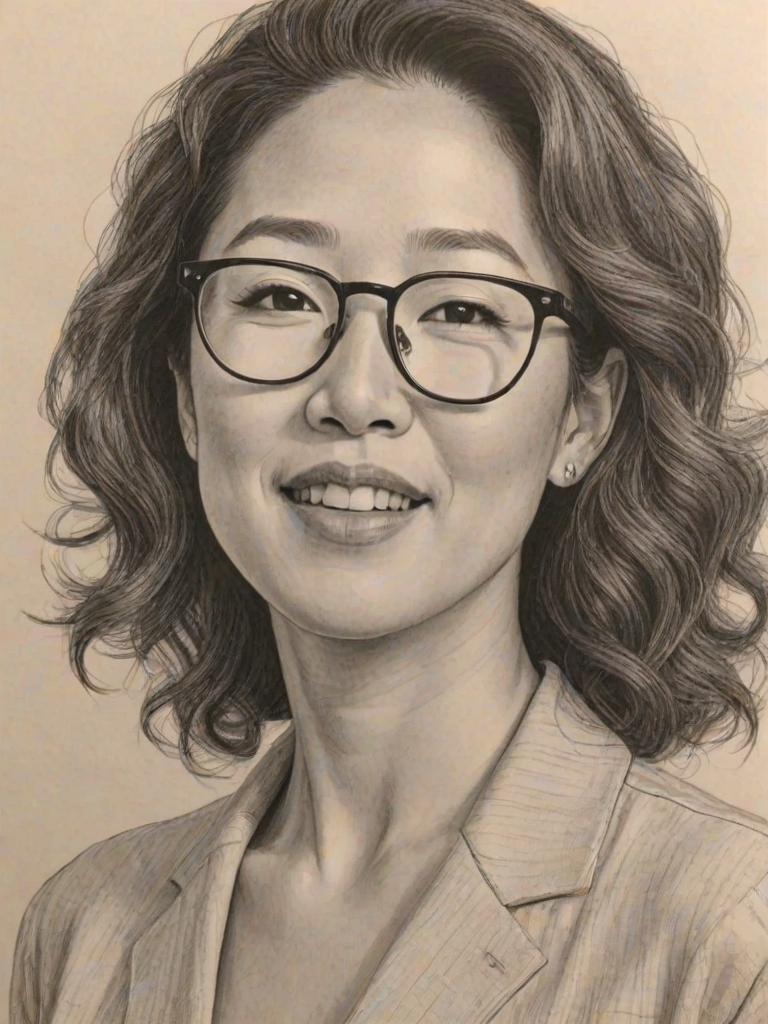 Wonderful Sandra Oh, pencil sketch, portrait of Enticing woman 1947s in glasses, hair style beatnik, outline, clear lines, fine lines, 8k