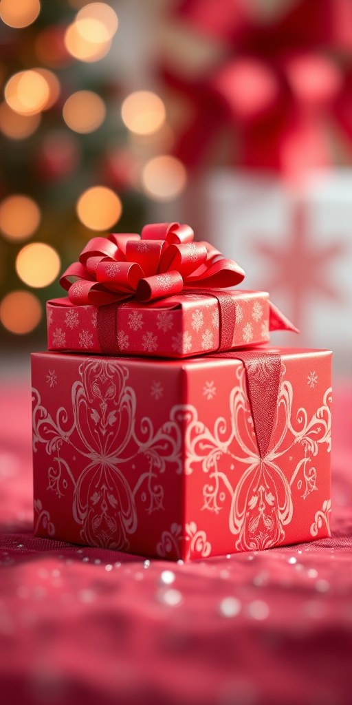create a digital illustration of two festive red gift boxes with decorative bows, intricate patterns, and a shiny finish, use a soft-focus background to enhance depth, camera settings: f/2.8 aperture, 1/125 sec shutter speed, ISO 100, use a macro lens with a frontal view, employ vibrant color saturation and high contrast for visual impact.
