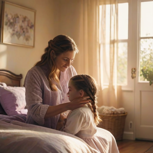Warmly lit image of a mother braiding her daughter's hair in a sunlit bedroom, soft glow from the morning light casting warm shadows, with the smell of fresh linens and lavender in the air.