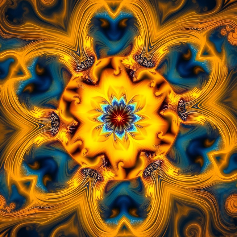 Generate a high-resolution abstract fractal image featuring vibrant golden and blue swirls emanating from a central symmetrical design, shot with a Canon EOS R5 using a 50mm lens at f/1.8, ISO 100, and a long exposure time to enhance light trails and detail.